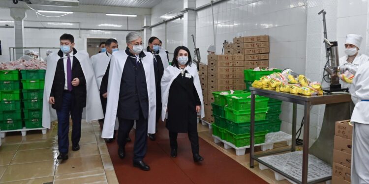 Президент Байзақ ауданы Мырзатай ауылындағы «Әулие Ата Феникс» құс фабрикасын аралап көріп, кәсіпорынның цехтарымен және дайын өнімдерімен танысты