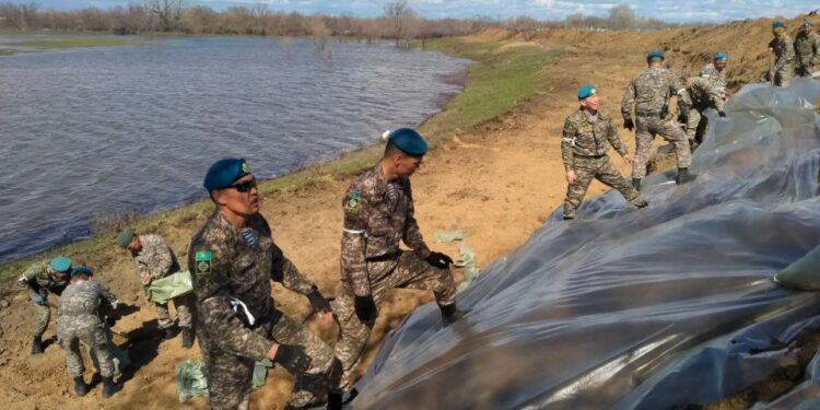 Десантшылар Жайық өзенінің жағасын нығайтып жатыр