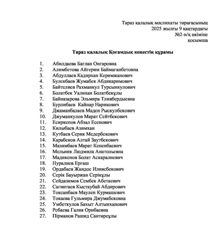 Тараз қаласының IV шақырылым Қоғамдық кеңес мүшелері белгілі болды